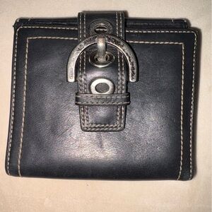 Coach Black Leather Snap Wallet with Silver Buckle